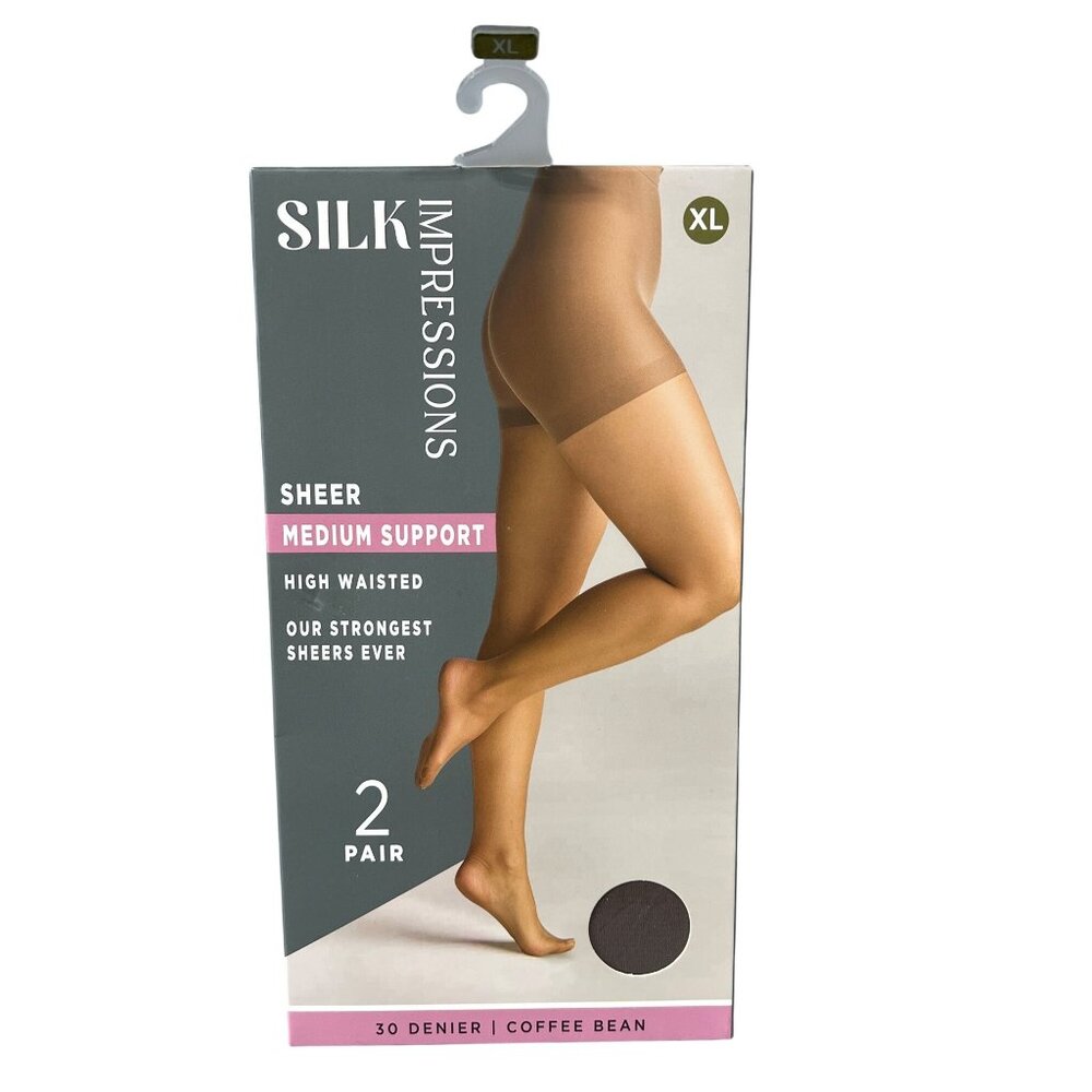 Silk Impressions Pantyhose Size XL Sheer High Waisted Medium Support 2 Pack NEW
